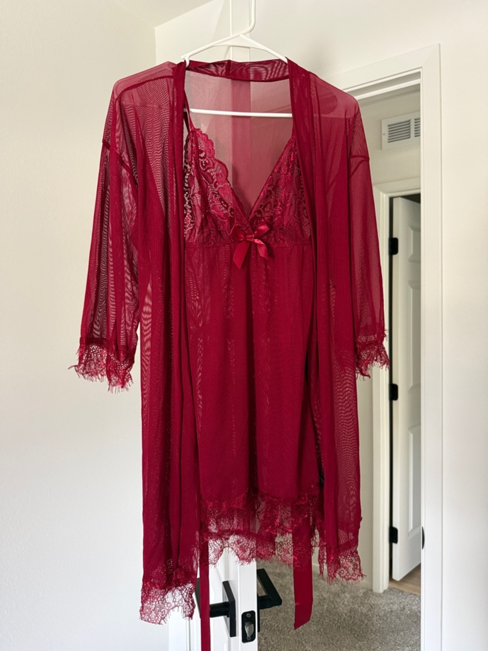 Sheer Lace Trim Chemise & Robe Set - Wine